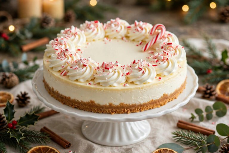 A whole white chocolate peppermint cheesecake with whipped cream swirls and crushed candy canes on a white cake stand.